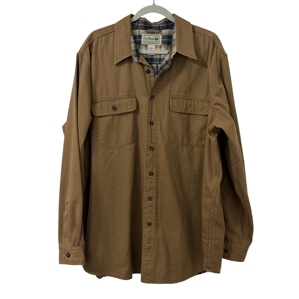 LL Bean Mens XL Brown Flannel Lined Cotton Canvas Shirt Jacket Workwear Rugged